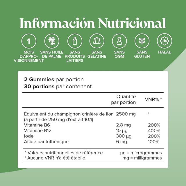 Detalle de Gommes Lion’s Mane Novomins – Extrait 2500 mg + vitamines B6/B12 et iode (60 gommes) sans sucre