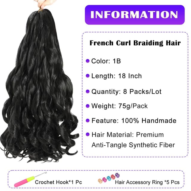 Detalle 2 de RENJOING French Curly Braiding Hair – 8 Packs vorgedehntes Flechthaar (1B, 45 cm)