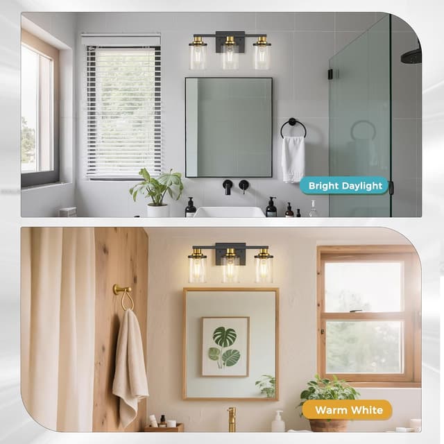 Detalle 2 de DORESshop 3-Light Black and Gold Bathroom Light Fixture (Clear Glass Shades) — ETL Listed, E26