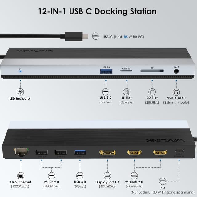 Thumbnail 1 de WAVLINK USB‑C Docking Station 3 Monitore (Dual HDMI + DP, 100W PD) für Windows