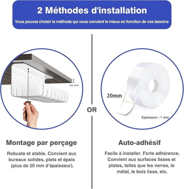 Detalle de HOMMAND Chemins de câbles sous le bureau (lot de 2) : gestion et rangement des câbles