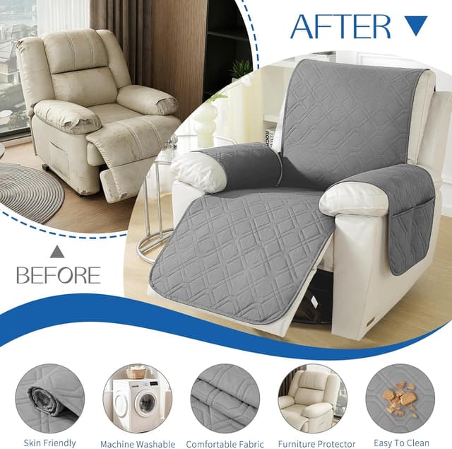 Detalle 2 de YSTELLAA Copripoltrona Relax Reclinabile Grande 1 posto impermeabile grigio chiaro con braccioli rimovibili