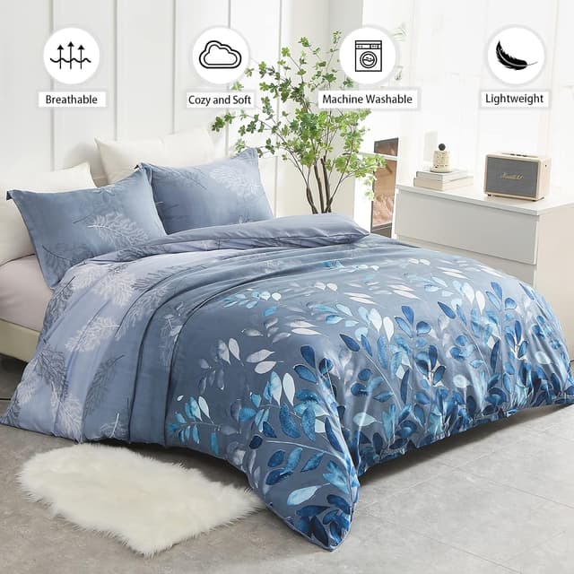 Detalle 2 de DJY Floral Duvet Cover King Blue Leaves Bedding Set (220x230cm) with Reversible Design & Zip Closure
