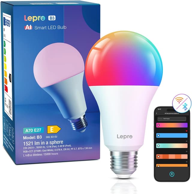 Detalle de Lepro B3 IA ampoule connectée WiFi E27 (LightGPM) : couleurs DIY, contrôle vocal Alexa et synchronisation musicale