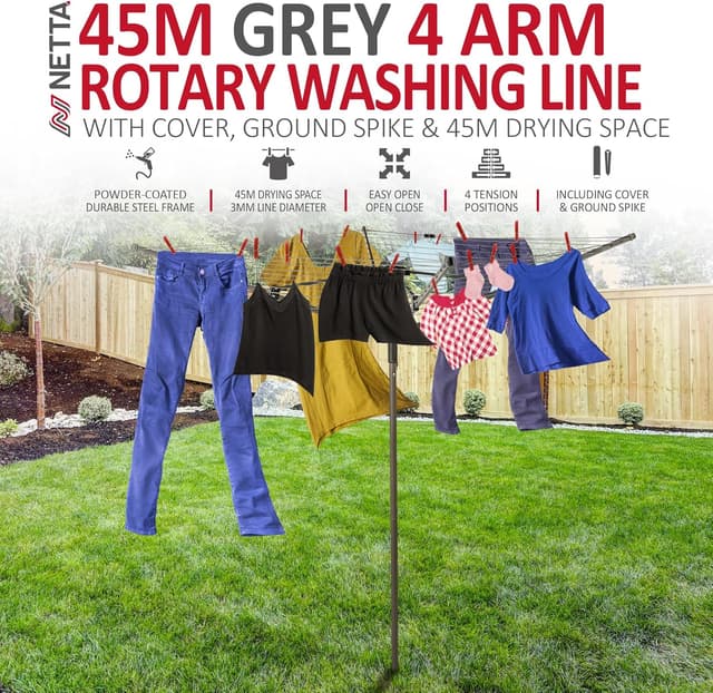 Detalle 2 de NETTA Rotary Washing Line 4 Arm 45M (45m) – Heavy Duty Garden Rotary Airer with Cover & Ground Spike, Grey