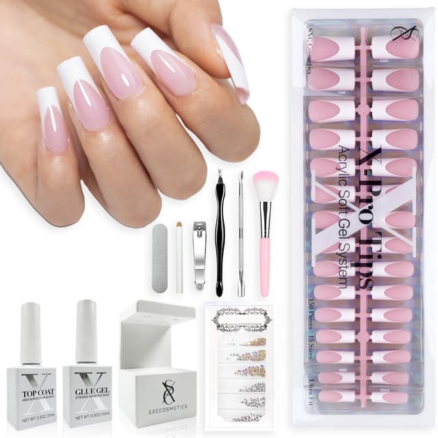 Detalle de SXC Cosmetics French Tip Press On Nails Pink Series (Medium Square) X-Pro Tips Starter Kit