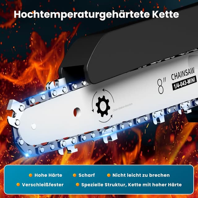 Detalle 2 de Mini motosega Trumvol da 8 pollici con motore brushless e batteria 21 V 8000 mAh, a una mano