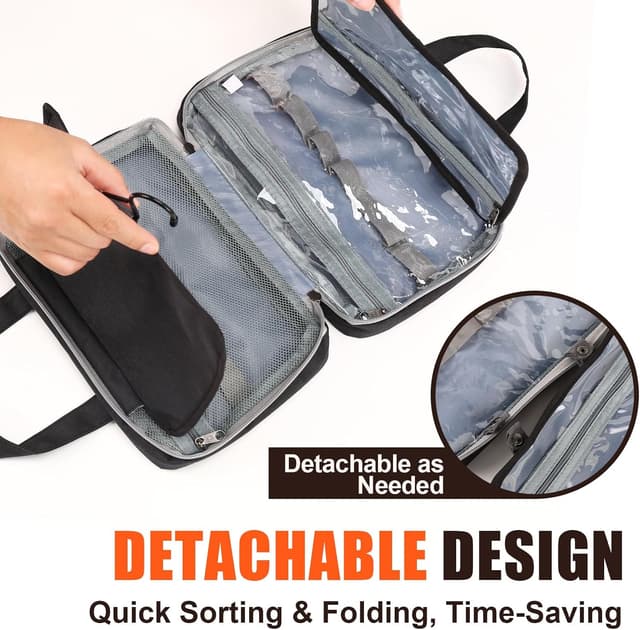 Detalle de FeinKulturia Kulturbeutel Reisetasche mit Metallhaken – faltbare, wasserabweisende Kulturtasche mit Nass-Trocken-Trennung (schwarz)