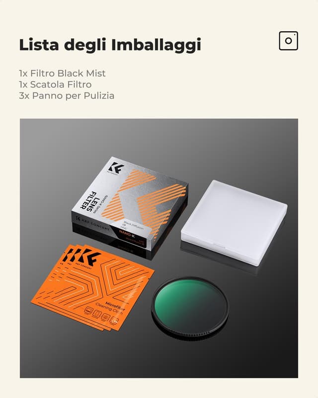 Thumbnail 6 de K&F CONCEPT Nano-Klear Black Diffusion 1/8 (Black Mist) con vetro ottico e rivestimento nano, set 3 panni