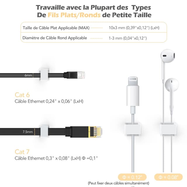 Detalle de AGPTEK lot de 60 clips de câbles adhésifs réglables pour organiser fils (bureaux, PC, voiture, maison) — blanc