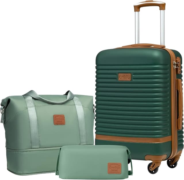 Detalle de COOLIFE Koffer Set 3-teilig (Handgepäck + Koffer + Reisetasche) ABS Hartschale, 360° Räder & TSA-Schlösser – Dunkelgrün/Braun