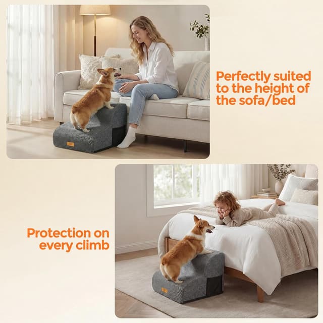 Thumbnail 6 de Masthome 2-Step Dog Steps for Sofa (40 x 30 x 40cm) with Removable Washable Cover, High-Density Foam, Grey