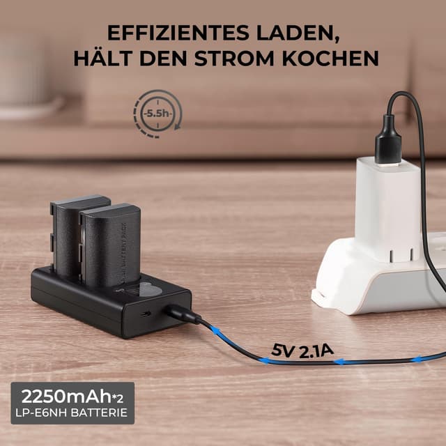 Detalle 2 de K&F CONCEPT LP‑E6NH Kameraakkus (2250 mAh) + USB‑Doppelladegerät Set, 2er Pack für Canon EOS