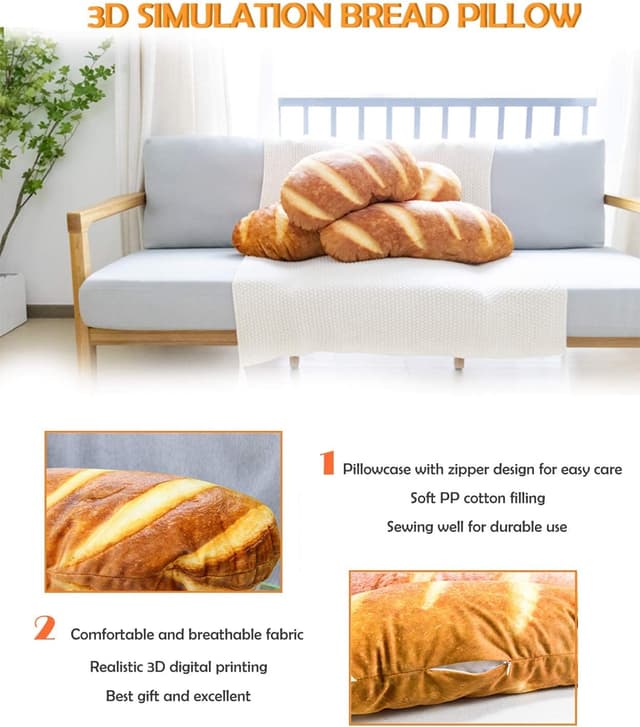 Detalle 2 de Wepop 40 in 3D Simulation Bread Shape Pillow (French Bread Lumbar Cushion)