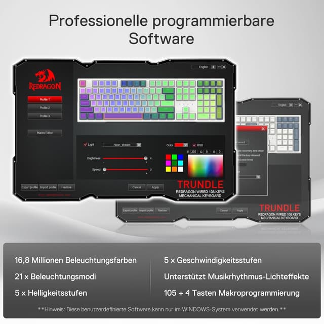 Thumbnail 6 de Redragon K668 QWERTZ Gaming-Tastatur (105+4 Tasten) mit Hot-Swap, RGB und roten Schaltern