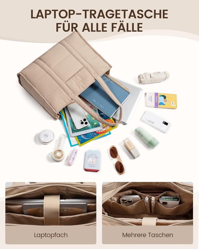 Detalle de LOVEVOOK Laptop Handtasche Damen für 15,6 Zoll – großer Puffer- Shopper als Arbeitstasche