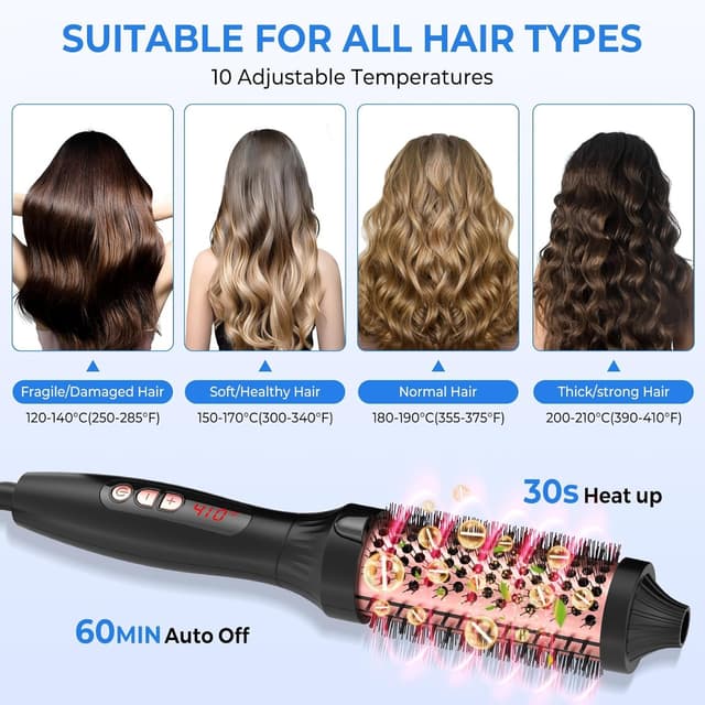 Detalle 2 de UKLISS Thermal Brush 38mm Pro Ionic Heated Round Brush (120–210℃) – 3 in 1 Heated Curling Brush, Double Voltage (Black Gold)