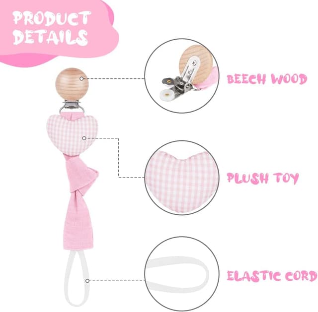 Thumbnail 3 de Vicloon Catenella Portaciuccio neonato personalizzata, set da 3 con clip in legno di faggio – Serie Rosa