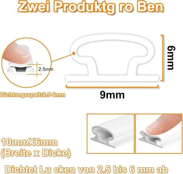 Detalle de Ormein selbstklebendes Türdichtungsband aus Gummi (weiß), für Fenster & Türen – Zugluft-, Lärm- und Wetterabdichtung, 10 m