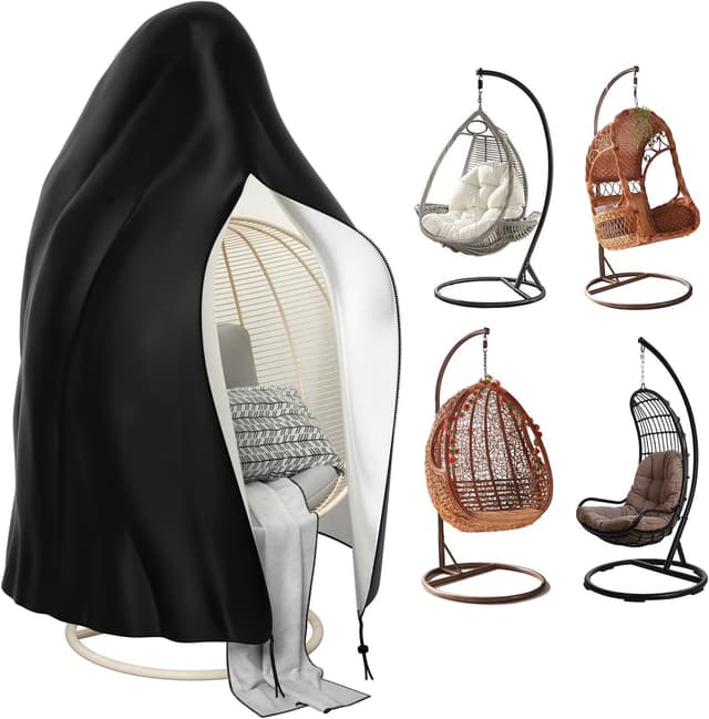 Detalle de Patio waterproof hanging egg chair cover (115x190cm) in 210D Oxford fabric with zipper – Black