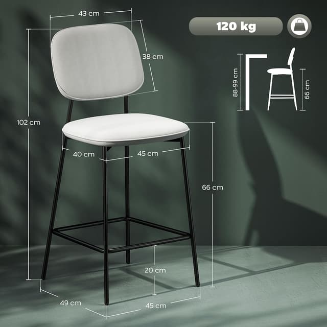 Thumbnail 2 de HOMCOM Juego de 2 Taburetes de Cocina Tapizados en Terciopelo