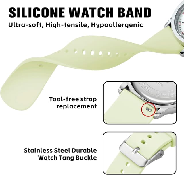 Detalle 2 de PINDOWS Analoge Quarzarmbanduhr mit Silikonband – leuchtendes Zifferblatt, wasserfest bis 50 m