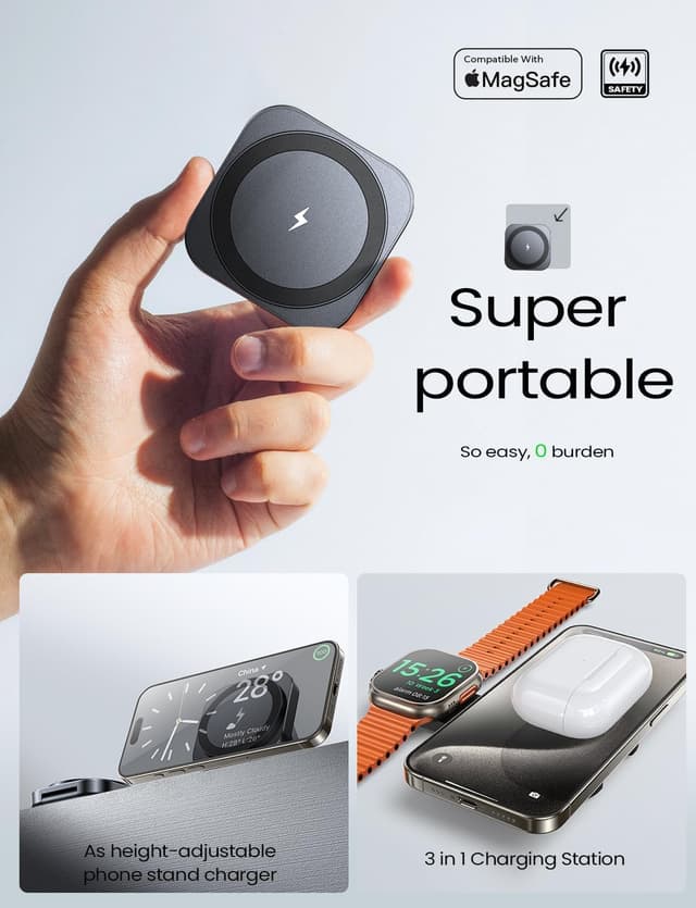 Detalle de LISEN Mini Cargador 3 en 1 Inalámbrico para iPhone y Apple Watch