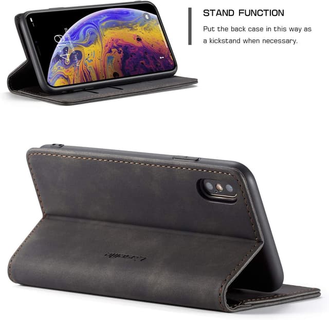 Detalle 2 de Cracedily Klapphülle aus Leder für iPhone XS Max mit Kartenfächern, Magnet & Standfunktion (Schwarz)