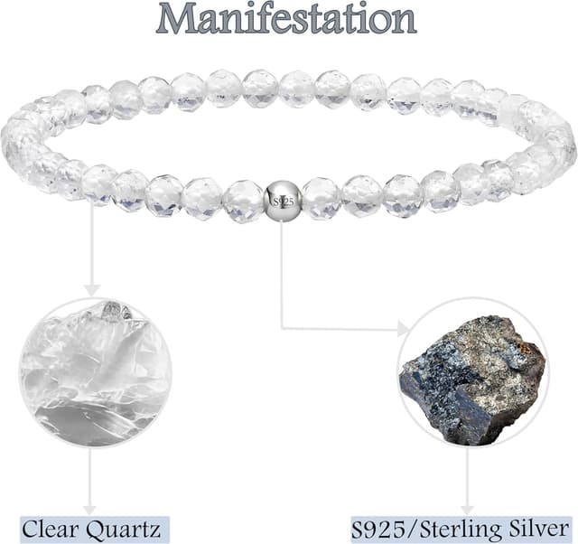 Detalle de Farfume Edelstein-Perlenarmband 4 mm mit Quarz & 925 Sterling Silber – elastisch, Chakra-Spirituelle Schmuckarmband für Damen