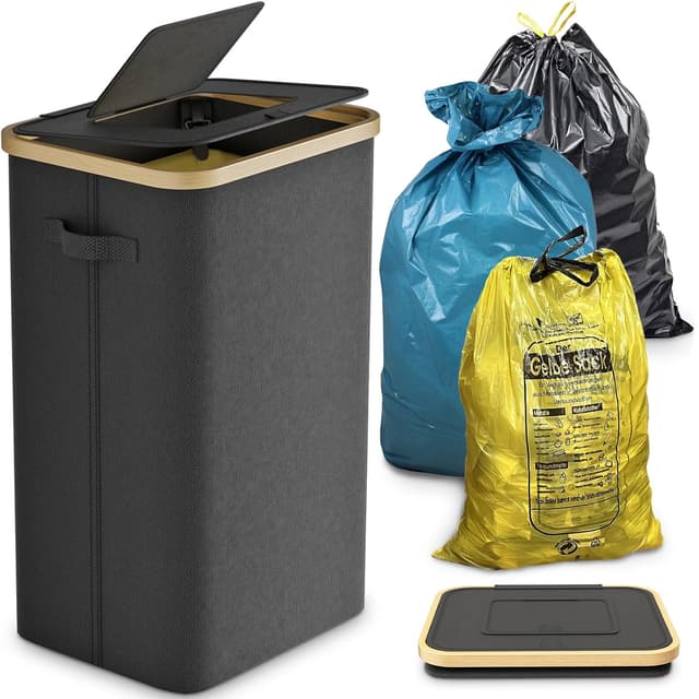 Detalle de DOKRVLOQ Gelber Sack Ständer mit Deckel – stabiler Müllsackhalter für 70L–120L, schwarz