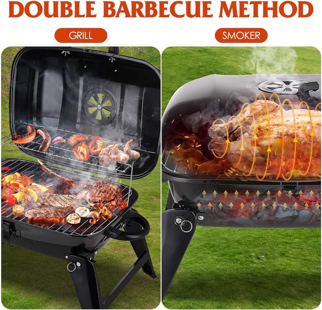 Detalle 2 de CUSIMAX 18-inch Portable Charcoal Grill & Smoker with Lid, Folding Tabletop, Black