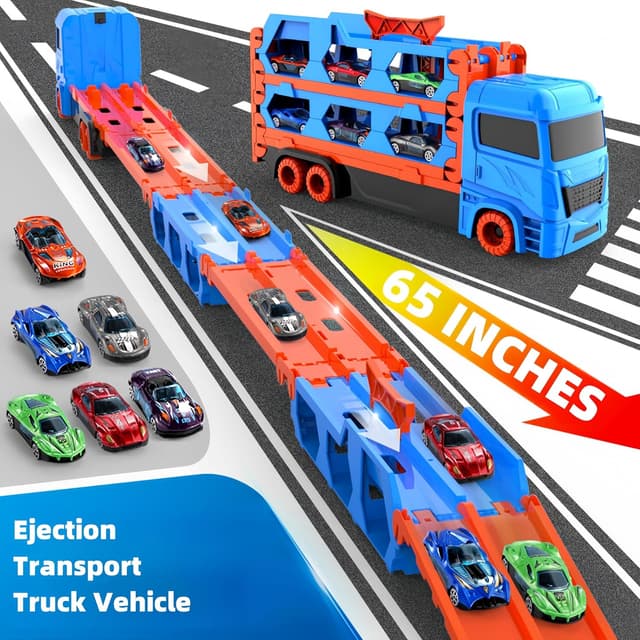 Detalle de Bearbao 65-Zoll Rennstrecke mit Transport-LKW und 6 Mini Metallautos – Spielzeug für Jungen (3–6 Jahre)