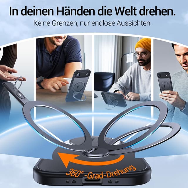 Detalle de Anqrp 360° All-in-One-Ständerhülle für iPhone 17 Air (6,5 Zoll) – Magnetisch mit drehbarem Ringhalter, Schwarz