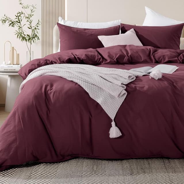 Detalle de NEXHOME PRO Queen Linen-Look Duvet Cover Set in Washed Cotton (Burgundy Dark Red)