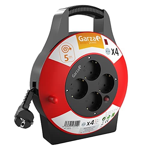 Detalle de Garza Power enrollacables doméstico de 5 metros con asa y 4 tomas Schuko (negro y rojo)