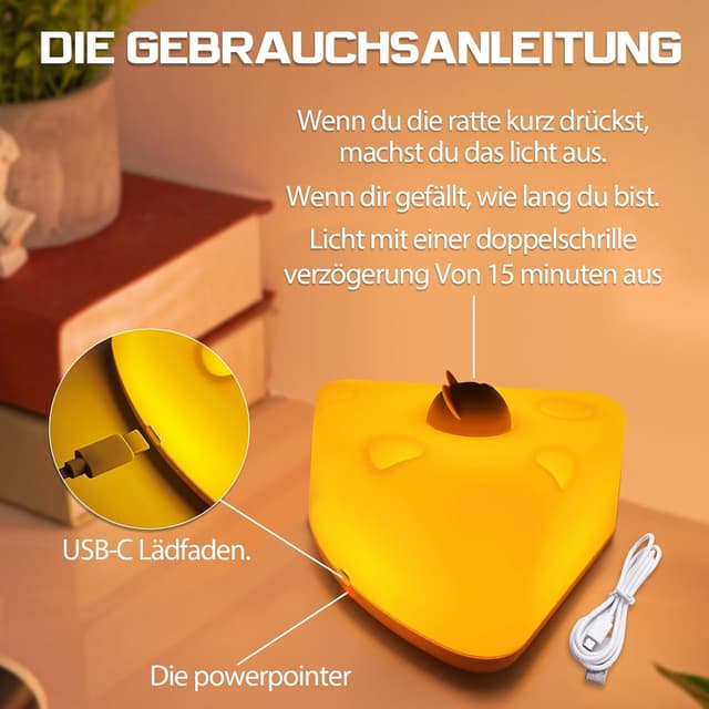 Detalle 2 de beek Nachtlicht Baby Stilllicht – nachttischlampe mit Käse-und-Maus-Design, USB-aufladbar, Touch & dimmbar