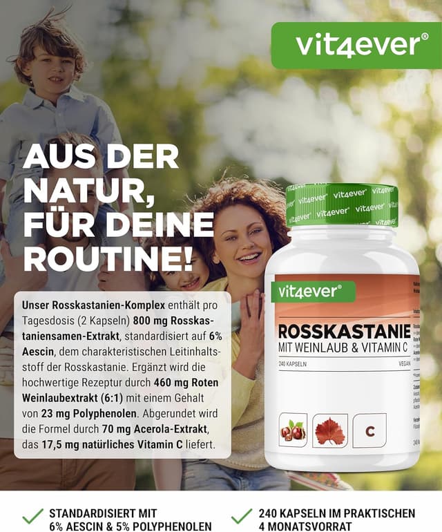 Detalle 2 de vit4ever Rosskastanienextrakt Hochdosiert 240 Kapseln