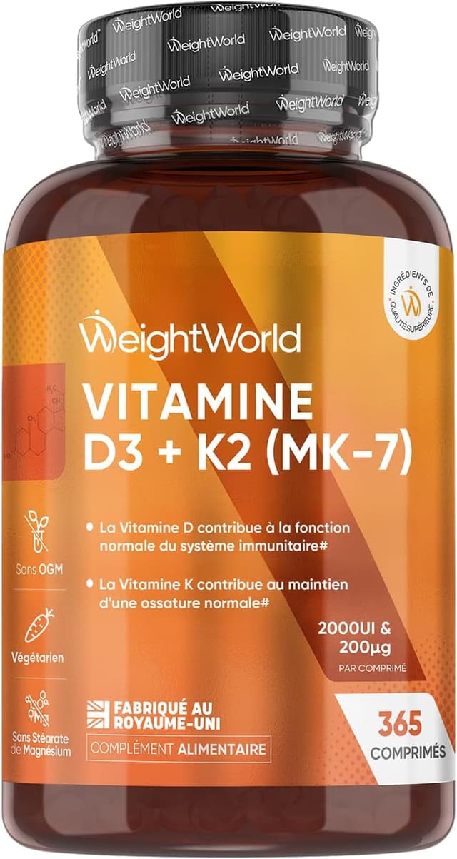 Detalle de WeightWorld Vitamine D3 K2 MK7 (MK-7) – 365 micro-comprimés végétariens, 2000 UI D3 et 200 µg K2