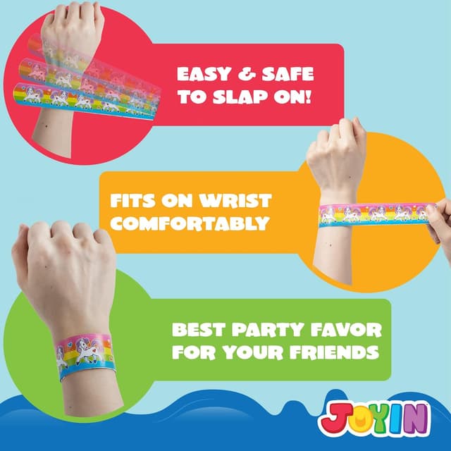 Detalle 2 de JOYIN Slap Band 100er Pack Slap-Armbänder mit 30 Designs (u. a. Einhorn, Herzen) – 22 cm