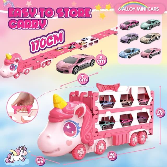 Detalle de maysida Unicorn Transport Truck with 6 Race Cars (Portable, Foldable) for Age 3–9