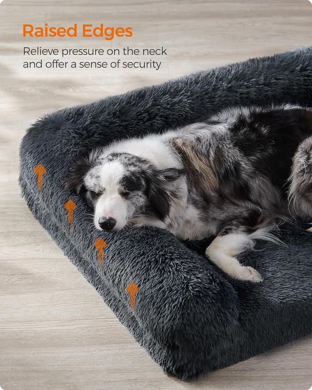 Detalle de Feandrea FluffyHug XL Dog Sofa Bed (Dark Grey) – egg crate foam with removable washable cover, 106 x 76 x 19 cm