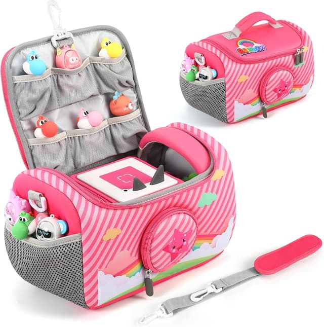 Detalle de Jaffzora Étui de transport pour kit de démarrage Toniebox 1 & 2 (rose) avec bandoulière et fenêtre d’écoute