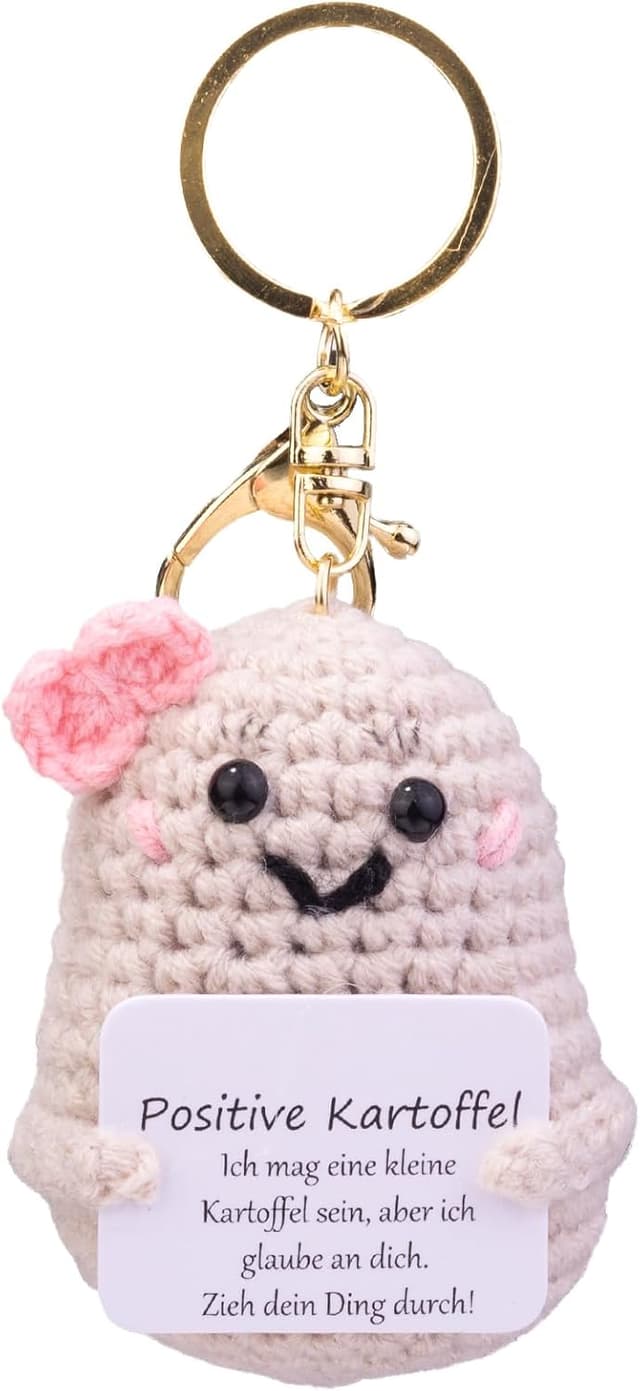 Detalle de Mwmoeen „Lustige Positive Kartoffel“ Pocket-Hug – handgestrickte Kartoffelpuppe aus Wolle als Motivationsgeschenk