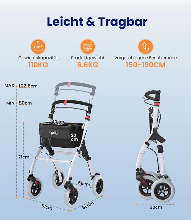 Detalle de VOCIC Z32 Lite Rollator schmal für die Wohnung – faltbar & leicht, Indoor-Rollator mit leisen PU-Reifen