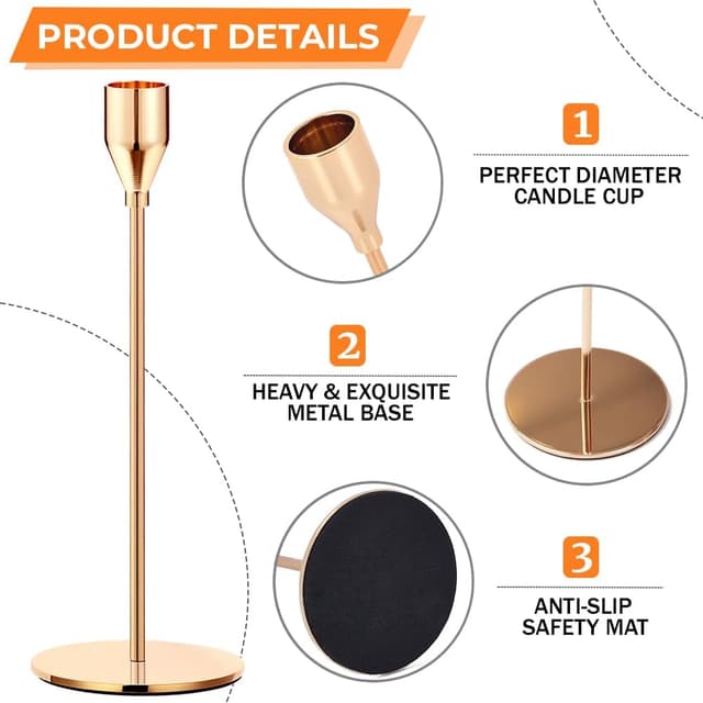 Detalle de Mivitoom set of 3 gold taper candle holders (stainless steel) for home, parties and wedding décor