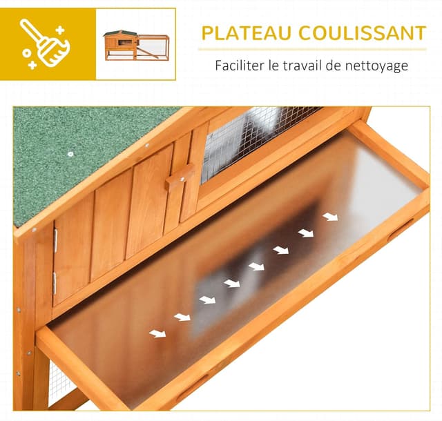 Detalle de PawHut clapier en bois pour lapins à 2 étages avec toit ouvrant et tiroir à déjection