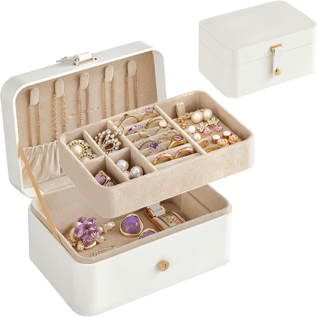 Detalle de SONGMICS Boîte à Bijoux de Voyage GISELLA, écrin portable à 2 niveaux (11 x 16 x 8 cm) – Blanc Nuage