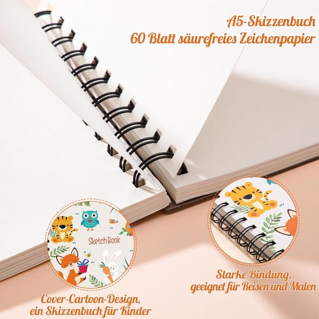Detalle de Skizzenbuch A5 für Kinder (140 g/m²) mit Doppelspiralbindung – 60 Blatt / 120 Seiten, blanko