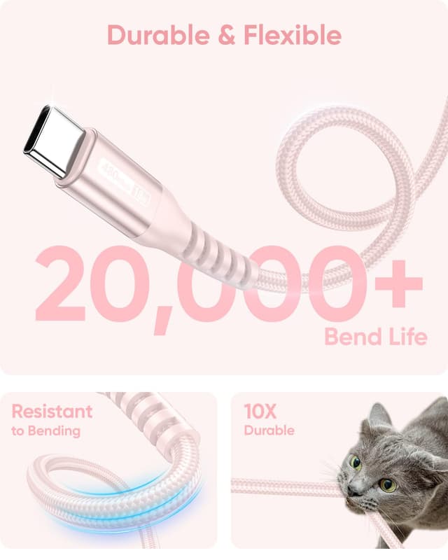 Detalle de SUNGUY USB‑C Spiralkabel (1,8 m) – Datenkabel & Schnellladung für Auto (Android Auto/Carplay) in Rosa