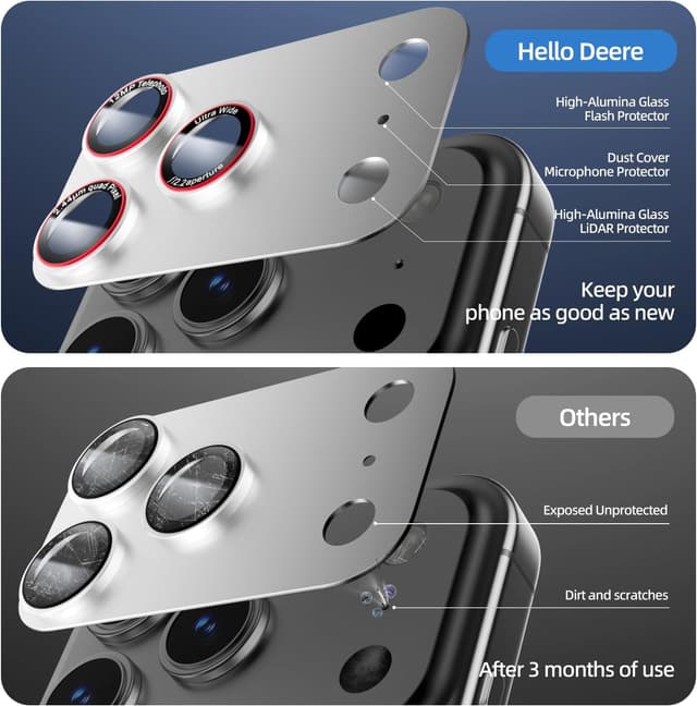 Detalle de HelloDeere 9H High-alumina Tempered Glass Camera Lens Protector for iPhone 17 Pro Max (Silver, 2-Pack)